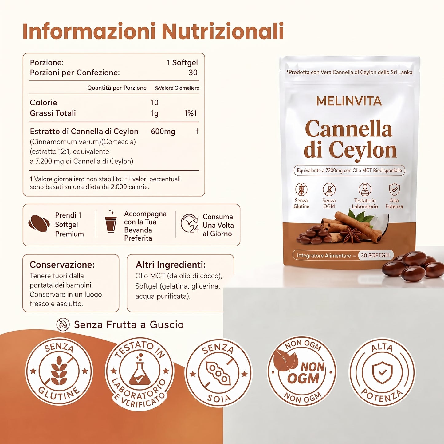 Cannella di Ceylon equivalente a 7200 mg con Olio MCT
